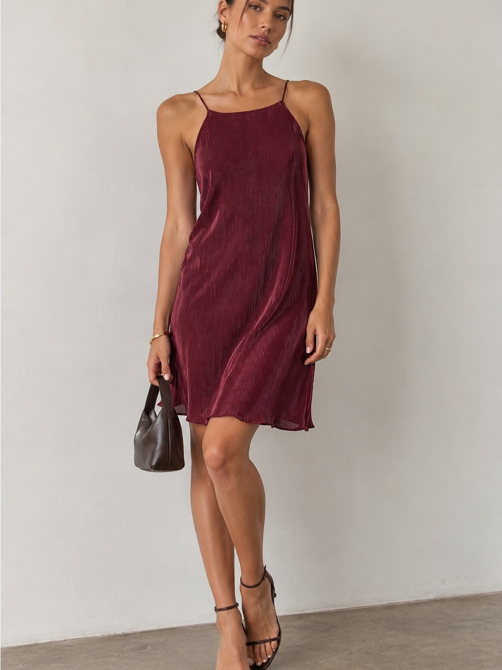 Honey Belle Burgundy Pleated Tie Back Slip Mini Dress Size M